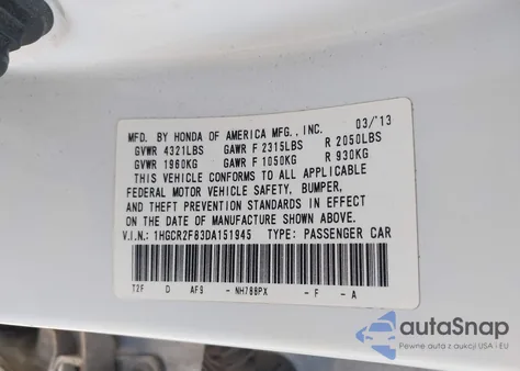 2013 Honda Accord Ex-L z USA, uszkodzony, nr VIN 1HGCR2F83DA151945